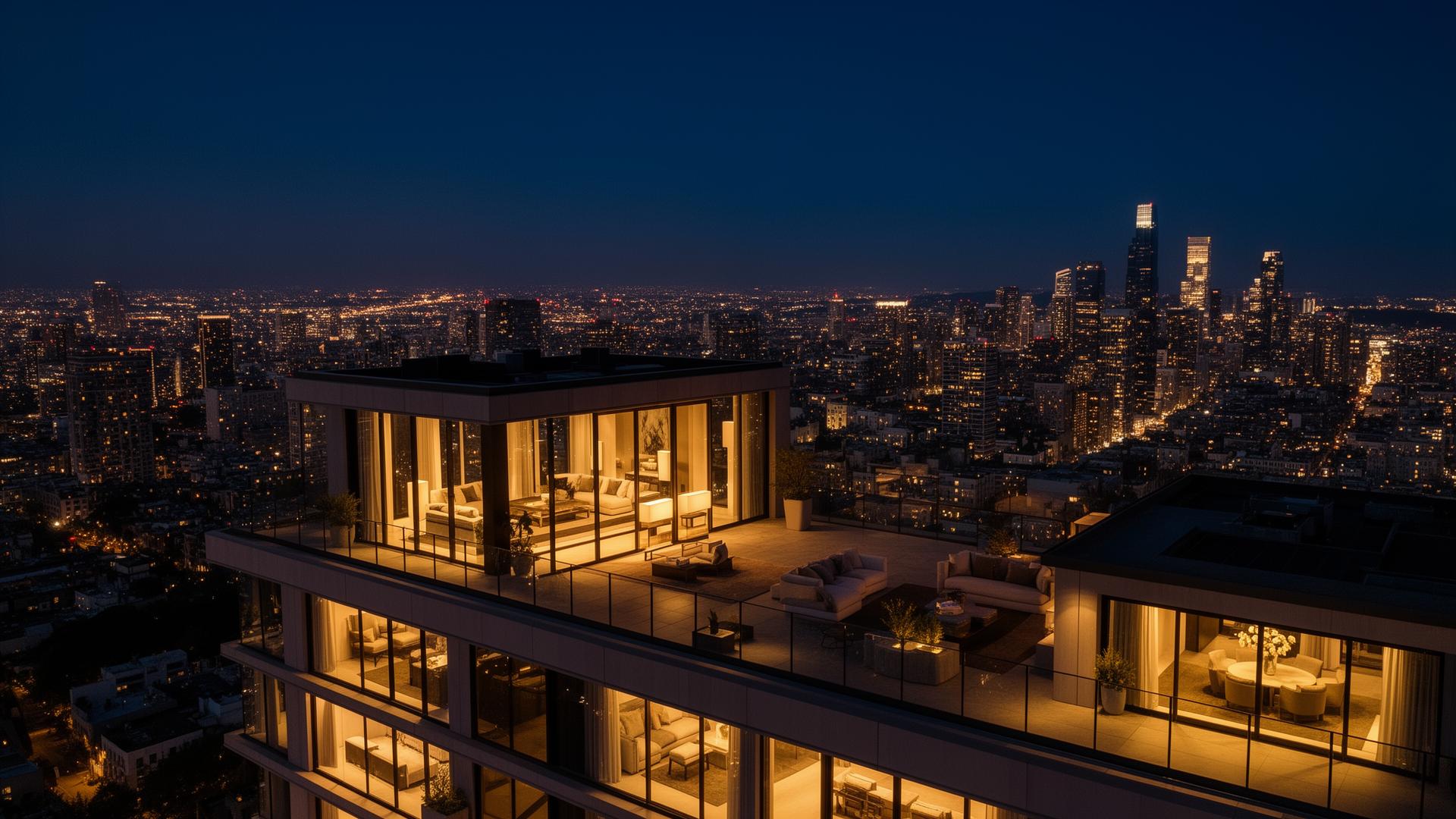 Luxury penthouse overlooking a global skyline at twilight